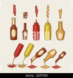 Illustrazione vettoriale di un set di sughi diversi per incisione vengono versati da bottiglie. Ketchup, maionese, senape, salsa al peperoncino e altri Illustrazione Vettoriale