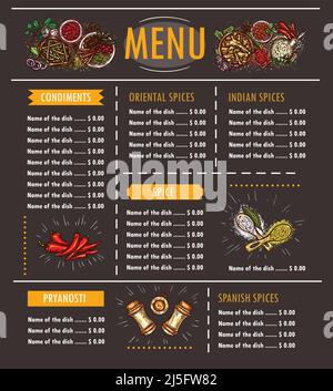 Illustrazione vettoriale di un menu con un'offerta speciale di varie erbe, spezie, condimenti e condimenti su sfondo nero. Modello, elemento di disegno Illustrazione Vettoriale