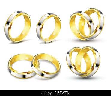 Set di illustrazioni vettoriali realistiche di anelli d'oro con elementi d'argento, platino con ombra isolata su bianco. Stampa, modello, design e. Illustrazione Vettoriale