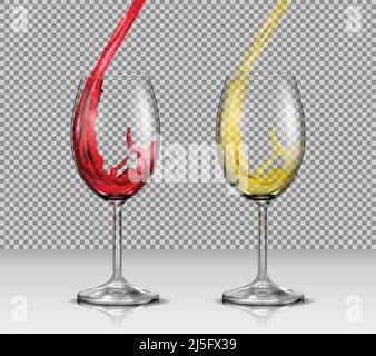 Set di illustrazioni vettoriali di vetri trasparenti con vino bianco e rosso che si versa in essi, isolato. Stampa, modello, elemento di disegno Illustrazione Vettoriale