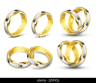 Set di realistiche illustrazioni vettoriali di anelli d'oro con elementi d'argento, platino e incisione con ombra isolata su bianco. Stampa, temp Illustrazione Vettoriale