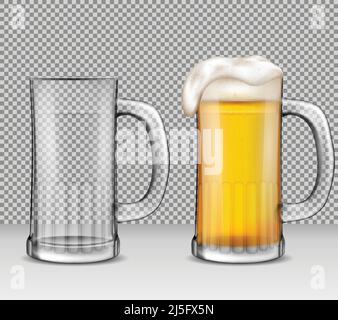 Illustrazione vettoriale realistica di due tazze di vetro trasparenti - una piena di birra con schiuma, l'altra è vuota. Due bicchieri da birra per il tuo design, stampa, Illustrazione Vettoriale