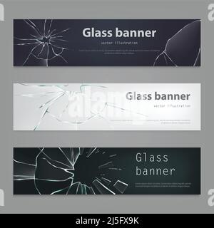 Set di illustrazioni vettoriali di striscioni in vetro rotto , vetro rotto, incrinato in stile realistico. Sfondo, elemento per il design Illustrazione Vettoriale