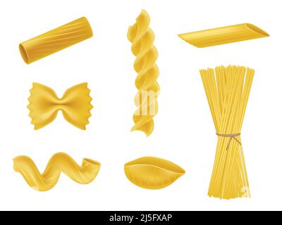 Illustrazione vettoriale insieme di icone realistiche di macaroni secchi di vario genere, pasta, fusilli, rigatoni, farfalle, torsioni, spaghetti, conchiglie isolano Illustrazione Vettoriale