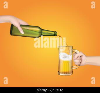 Illustrazione vettoriale di una birra d'orzo fredda che viene versata da una bottiglia in un bicchiere trasparente in uno stile realistico. Illustrazione Vettoriale