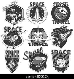 Set di icone vettoriali dello spazio. Elementi di design, badge, logo ed emblema su sfondo bianco. Il concetto di viaggio spaziale Illustrazione Vettoriale