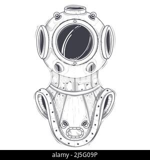 Antico pesante ottone o rame subacqueo casco linea arte vettore illustrazione isolato su sfondo bianco. Parte scuba Suit vintage, equipaggiamento subacqueo industriale Illustrazione Vettoriale