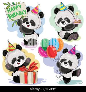 Carino panda porta baby cartoon personaggi celebrare il compleanno con torta, palloncini e presente in scatola vettore illustrazione set isolato sul backgro bianco Illustrazione Vettoriale