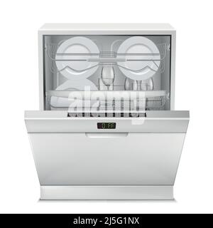 Macchina lavastoviglie Vector 3D realistica con display digitale, con porta aperta, riempita con piatti puliti e bicchieri, vista frontale isolata su sfondo. Illustrazione Vettoriale