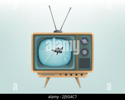 Illustrazione vettoriale del televisore retro rotto, televisione. Infortunata video elettronico vintage. Concetto di trasmissione, notizie, comunicazione, invio Illustrazione Vettoriale