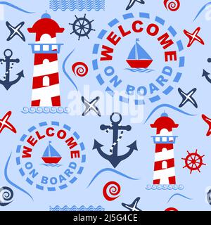 Modello marinaro e nautico in stile blu-rosso. Faro, barca, bussola, barca, ancora e altri elementi nautici Illustrazione Vettoriale