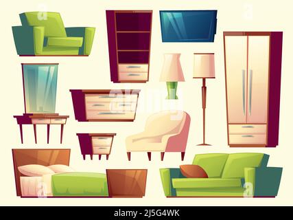 Set di mobili vettoriali - divano, letto, armadio, poltrona, torchere, set tv, armadio, piolo-vetro, mensola, divano per camera da letto, lounge - moderno Illustrazione Vettoriale