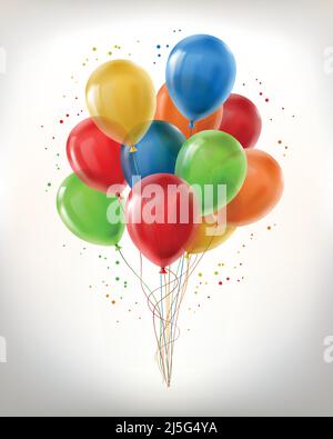 Vettore realistico mazzo di palloncini volanti lucidi, multicolore, riempito di elio isolato su sfondo bianco. Clipart con oggetti decorativi per h Illustrazione Vettoriale