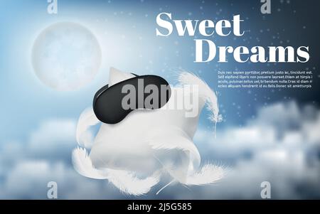 Banner di promozione vettoriale con cuscino bianco realistico, bendato, piume, isolato su sfondo blu notte con luna e nuvole. Cuscino morbido e bla Illustrazione Vettoriale