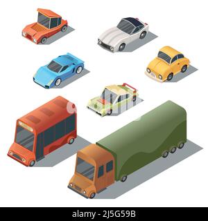 Set vettoriale del trasporto urbano isometrico. Auto con ombre isolate su sfondo bianco. Automobili in stile cartoon - autobus, camion, hatchback, re Illustrazione Vettoriale