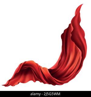Vector 3D tessuto rosso volante realistico. Tessuto satinato scorrevole isolato su sfondo bianco. Astratto decorativo scarlatto tessuto velluto o bandiera di seta Illustrazione Vettoriale