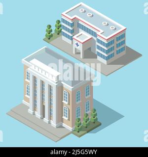 Vector 3D ospedale isometrico, ambulanza edificio con alberi verdi. Esterno della clinica Cartoon, l'infermeria cittadina isolata su sfondo blu. Medico multisto Illustrazione Vettoriale