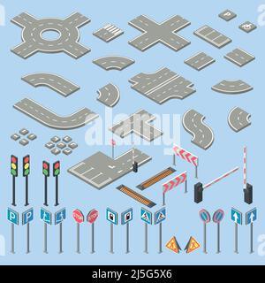 Collezione segnaletica stradale isometrica Vector 3D, pezzi di strada, autostrada. Lavori stradali, elementi cartoni animati incrociati. Gobba di velocità, barriere e traffici diversi Illustrazione Vettoriale