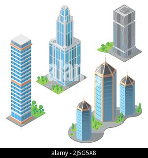 Set vettoriale di edifici moderni isometrici in stile cartone animato. Grattacieli urbani, esterni della città, costruzioni residenziali. Architettura, concetto di paesaggio urbano Illustrazione Vettoriale