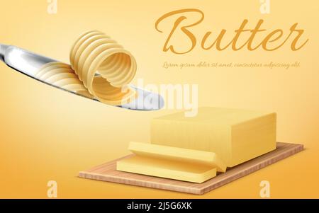 Banner di promozione vettoriale con bastone giallo realistico di burro sul tagliere e coltello metallico. Fette di margarina o sparse, latticini grassi per Illustrazione Vettoriale