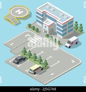 Ospedale isometrico Vector 3D con parcheggio. Pista di atterraggio per elicotteri per veicoli ambulanti, aerei. Territorio con alberi verdi. Exteri della clinica del cartone animato Illustrazione Vettoriale