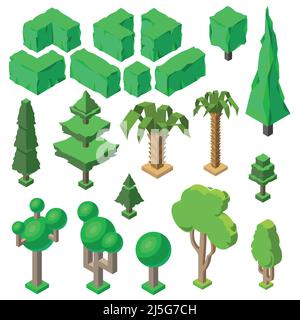 Vettore 3D piante isometriche, alberi, cespugli verdi, palme. Oggetti natura, ambiente. Ecologia, parco naturale, elementi forestali, decorazione botanica Temp Illustrazione Vettoriale