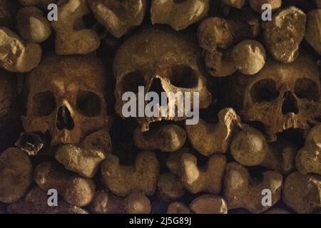 Parigi: Teschi e ossa nelle catacombe di Parigi, ossario in una cava sotterranea lunga 285 km che conserva i resti di oltre 6 milioni di persone Foto Stock