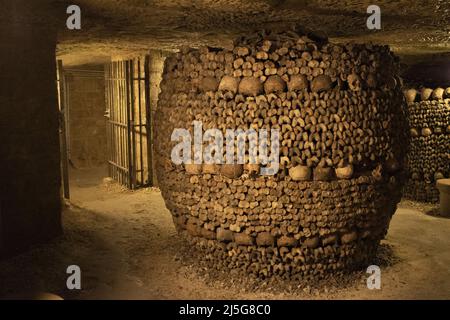 Parigi: Teschi e ossa nelle catacombe di Parigi, ossario in una cava sotterranea lunga 285 km che conserva i resti di oltre 6 milioni di persone Foto Stock