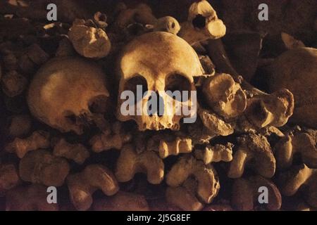 Parigi: Teschi e ossa nelle catacombe di Parigi, ossario in una cava sotterranea lunga 285 km che conserva i resti di oltre 6 milioni di persone Foto Stock