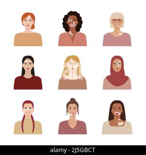 Gruppo di facce femmina con vitiligo. Ritratti con diverse etnie, colori della pelle, acconciature per avatar nei social network. Malattia della pelle di Vitiligo e. Illustrazione Vettoriale