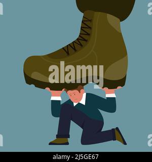 Uomo d'affari sotto gigantesco stivale militare di soldato militare. Violenza dei dittatori verso l'uomo piccolo, scarpe grandi schiacciano business persone flat vettore illustrazione. Libertà, tirannia, dittatura concetto Illustrazione Vettoriale