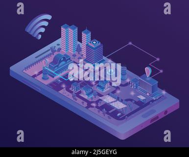 Vector 3D Smart City isometrica sullo schermo dello smartphone, mappa della città con indicatori di navigazione in colori ultravioletti. Tecnologie internet wireless, cellulare g Illustrazione Vettoriale