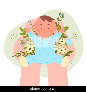 Mani tenere felice neonato ragazzo e fiori con piante. Assistenza, supporto medico e amore per il bambino da parte del genitore, il bambino in palme di adulto flat vettore illustrazione. Parto, famiglia, concetto di fiducia Illustrazione Vettoriale