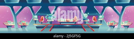 Vignetta vettoriale interna della navicella spaziale con pannelli di controllo, schermi virtuali. Vano per equipaggio con sedie per piloti, grande oblò con vista di ou Illustrazione Vettoriale