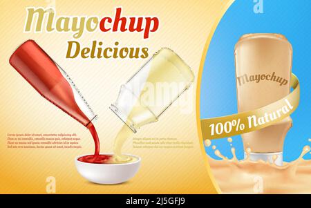 Banner di promozione vettore di salsa mayochup. Ketchup al pomodoro e maionese versando da bottiglie di vetro, frullate in un recipiente bianco per ottenere un delizioso condimento per il gusto Illustrazione Vettoriale