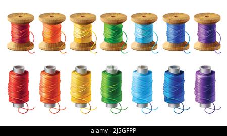 Set vettoriale realistico di bobine in legno e plastica, bobine con filo colorato isolato su sfondo. Attrezzatura per cucire, sartoria, accessorio per Illustrazione Vettoriale