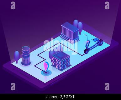 Tecnologia di navigazione intelligente isometrica Vector 3D per smartphone, app per dispositivo. Sistema wireless per la guida, viaggi in città, città. Ciclomotore, scooter wit Illustrazione Vettoriale