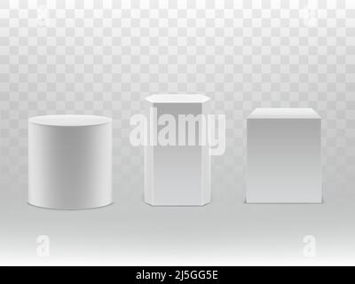 Vettore 3D forme geometriche realistiche isolate su sfondo trasparente. Cilindro bianco, esagono e cubo con ombre. Elementi di design, ideali per p Illustrazione Vettoriale