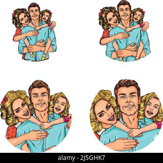 Illustrazione vettoriale, pop art round avatar icone per gli utenti di social networking, blog. Famiglia Illustrazione Vettoriale