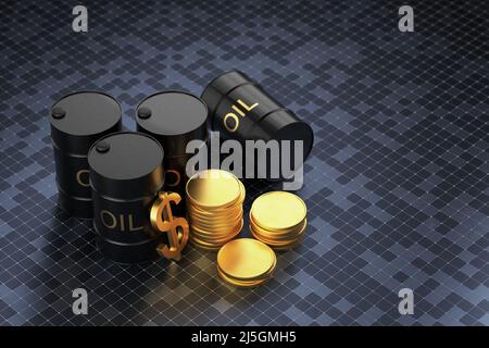 Botti di metallo nero con monete su sfondo a scacchi. Concetto di commercio del petrolio. 3D rendering. Foto Stock