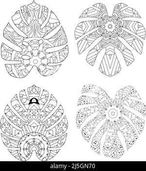 Monstera lascia lo zentangle con linee pulite per la colorazione, per il design di t-shirt, tatuaggio e altre decorazioni Illustrazione Vettoriale