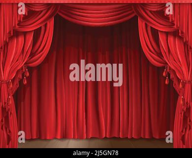 Immagine vettoriale realistica della tenda rossa chiusa. Concept di apertura, poster di performance o premiere dell'evento, modello banner di annuncio con Illustrazione Vettoriale