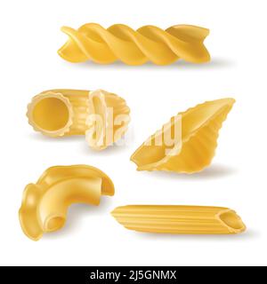 Vari tipi e forme pasta e macaroni realistiche illustrazioni vettoriali set isolato su bianco. Ingrediente tradizionale della cucina nazionale italiana. Natu Illustrazione Vettoriale