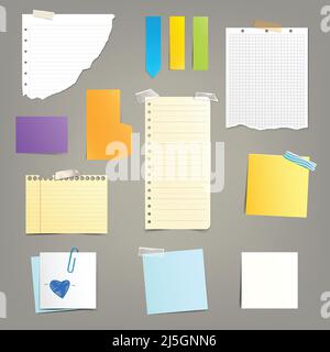Set di illustrazioni vettoriali di varie foglie di carta per note, promemoria in uno stile realistico isolato su sfondo grigio.Copia spazio per messaggi, t Illustrazione Vettoriale