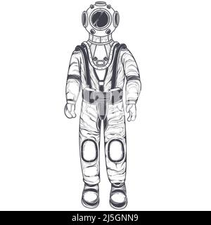 Illustrazione vettoriale in bianco e nero di un astronauta, cosmonauta in tuta spaziale e casco, nello stile di un'incisione, isolato su uno sfondo bianco Illustrazione Vettoriale