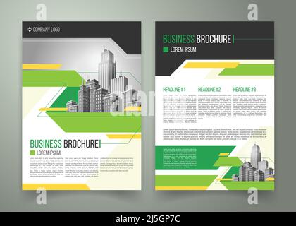 Volantino vettoriale, disegno della copertina del rapporto aziendale annuale della società, pagina della rivista, modello di presentazione con elementi verdi ed edifici bianchi. Illustrazione Vettoriale