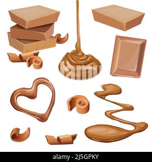 Una serie di illustrazioni vettoriali di cioccolato in una piastrella, trucioli, fuso, liquido, arricciato isolato su uno sfondo bianco. Illustrazione Vettoriale