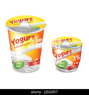 Confezione Vector 3D realistica per yogurt isolato su sfondo bianco. Modello da imballaggio, tazza in plastica grande e piccola per yogurt di marca giallo-arancione Illustrazione Vettoriale