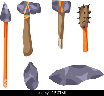 Set di attrezzi e lance preistorici fatti a mano in pietra Illustrazione Vettoriale