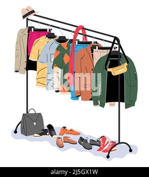 Abbigliamento e accessori aggancio su appendiabiti. Illustrazione Vettoriale